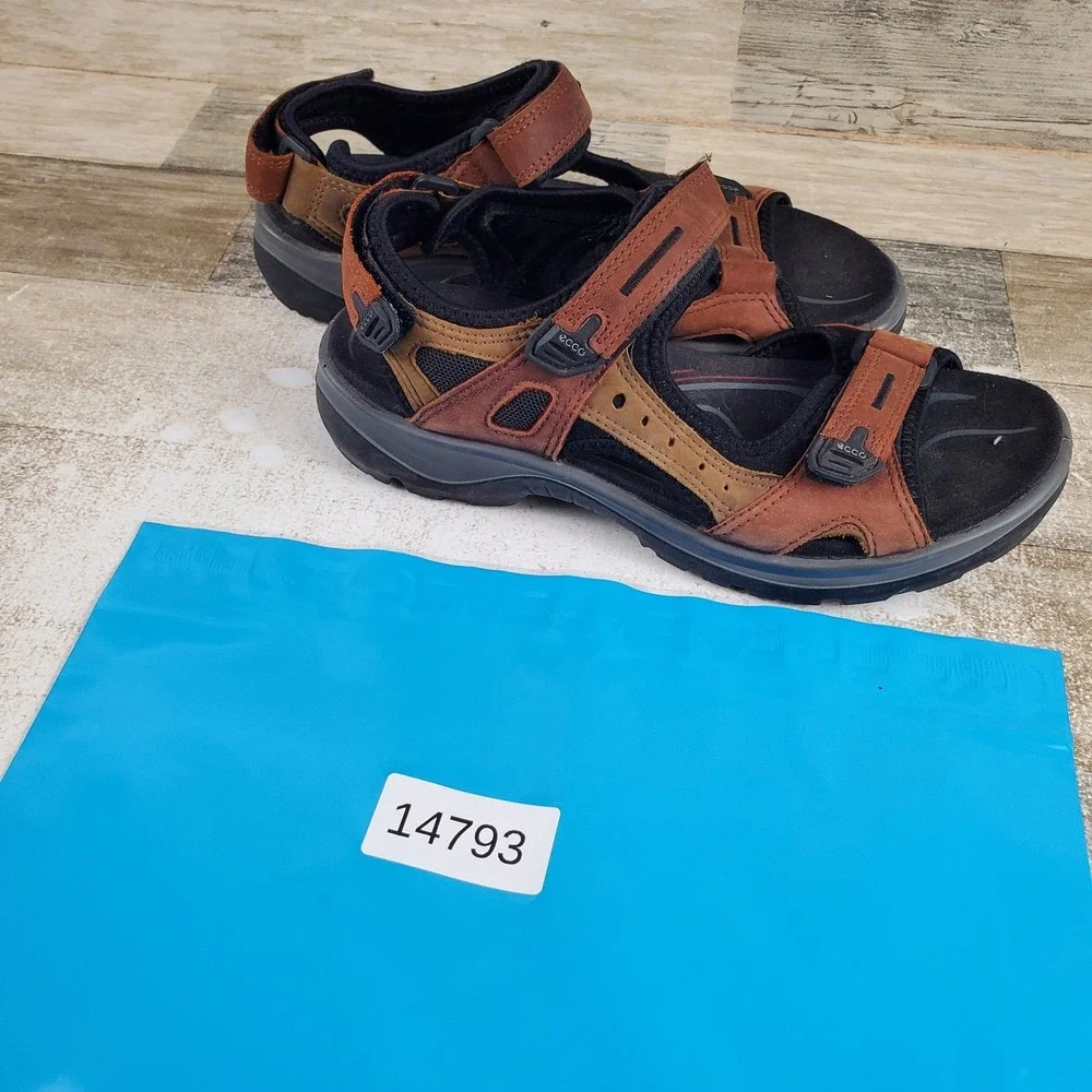 ECCO Offroad Sandals Sz 7 - 7.5 Brown Black Nubuck Leather Hook-and-Loop
